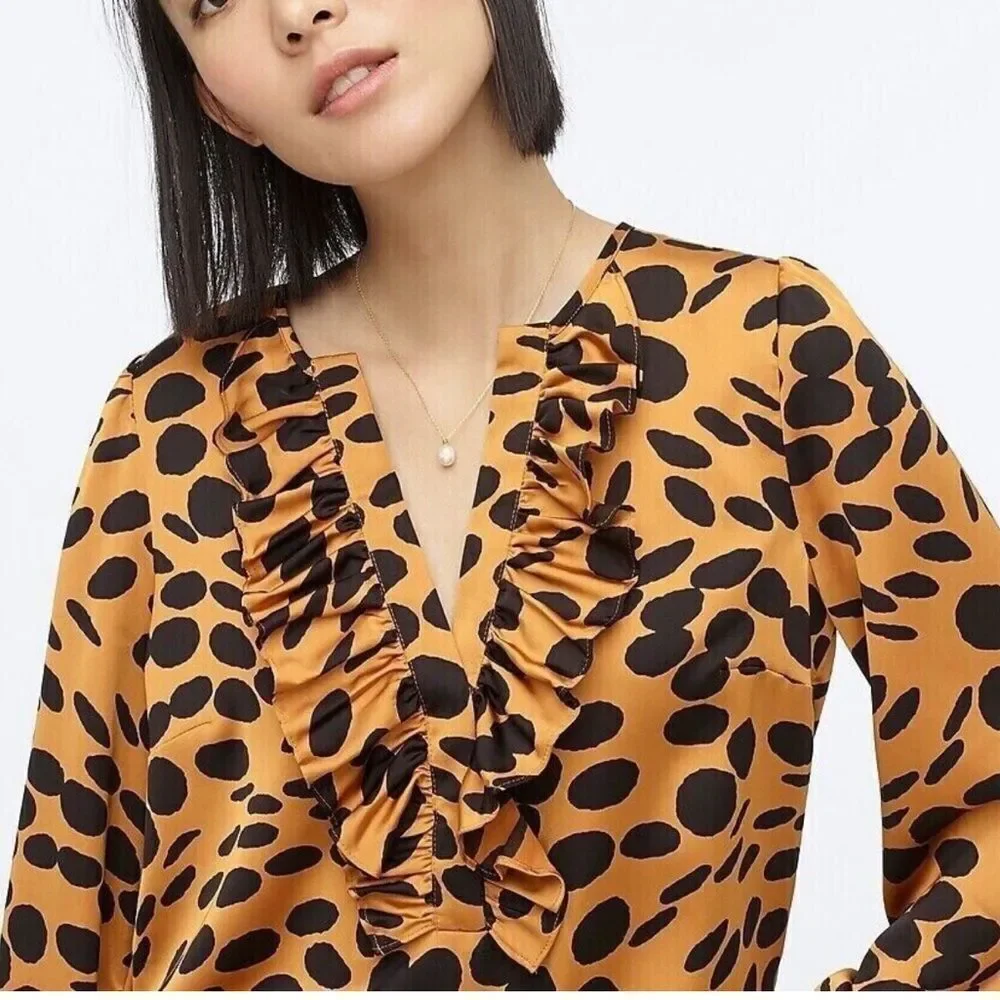 J. Crew Women's Ruffle Front Satin Top - Black and Tan Size Small V-Neck